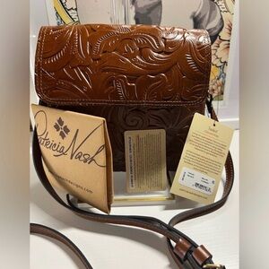 Patricia Nash Brown Balluri crossbody bag, tooled Leather NWT and dust bag